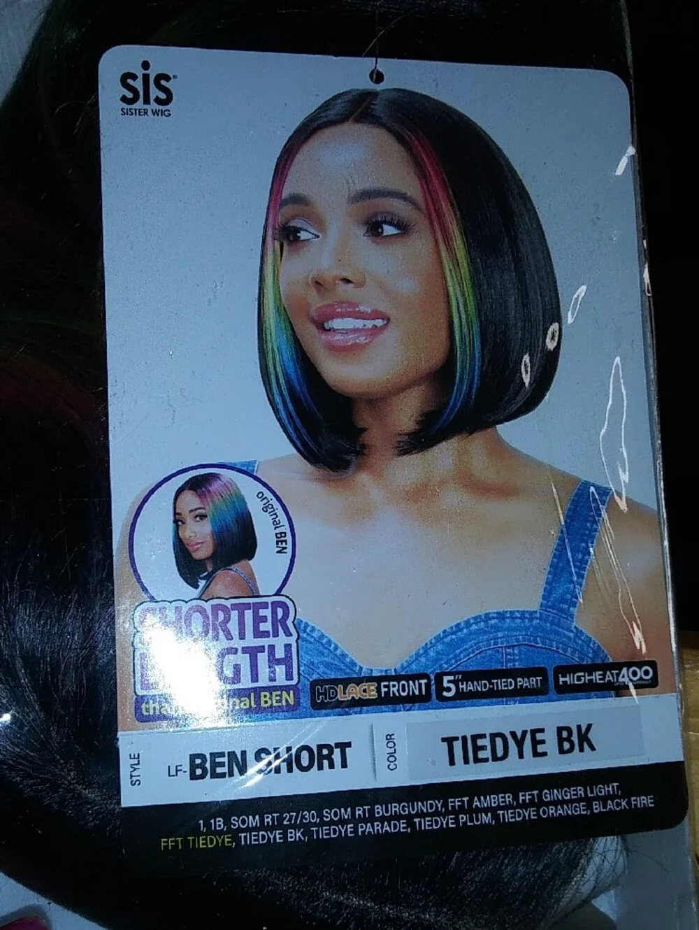 Sis Ben Short Tiedye BK Women's Bob Wig - Black with Rainbow Accents